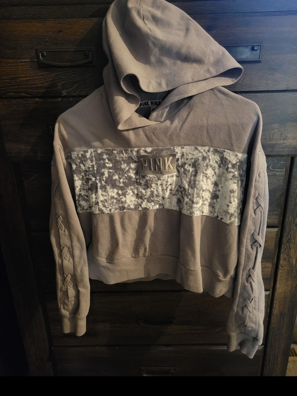 PINK Victoria's Secret Taupe Hooded Pullover with Velvet Panel